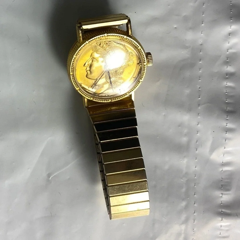 Vintage Gold Tone Stretch‎ Band Watch Classic Round Face Ladies